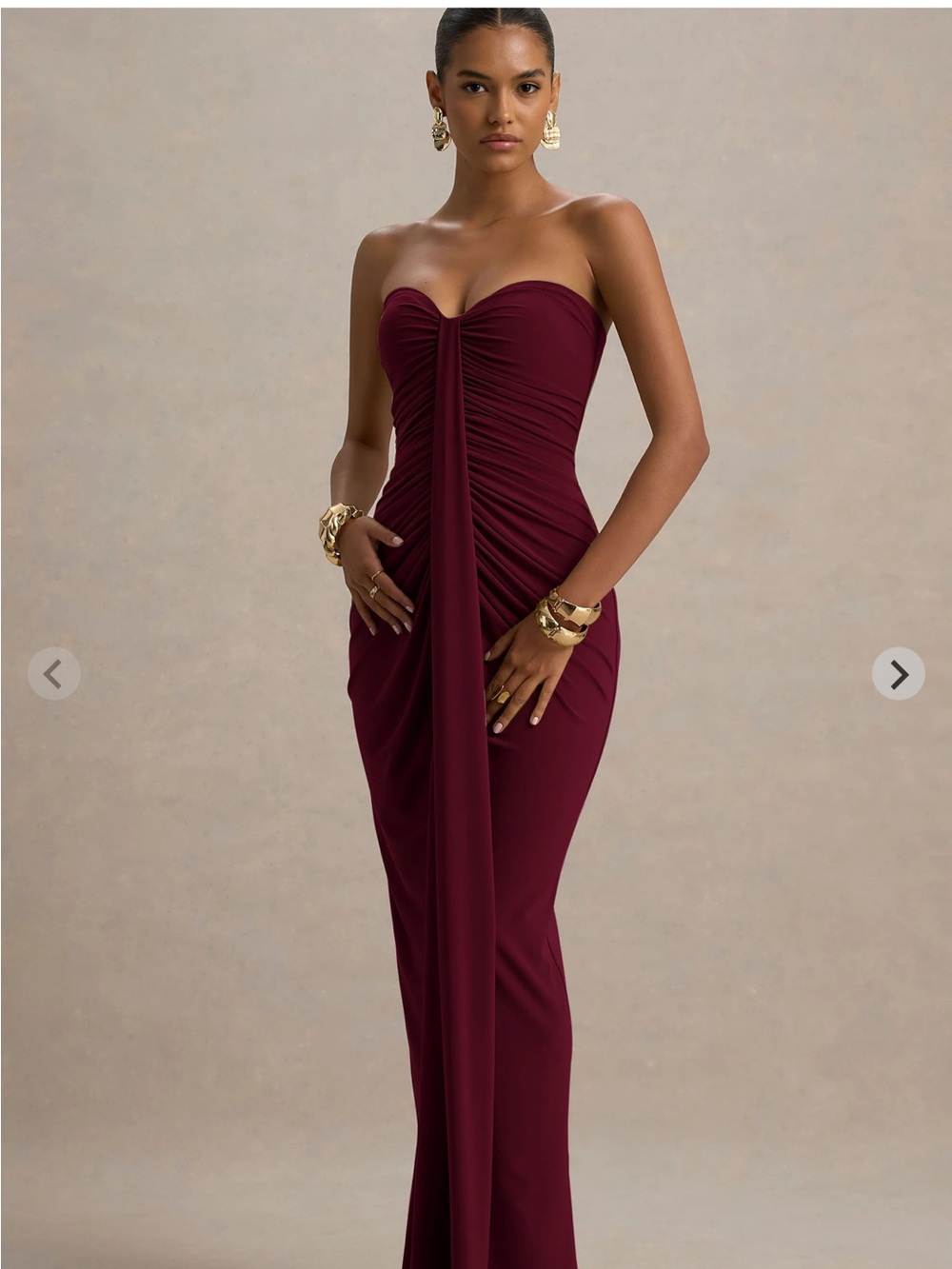 Club L London Strapless Ruched Column Gown in Wine